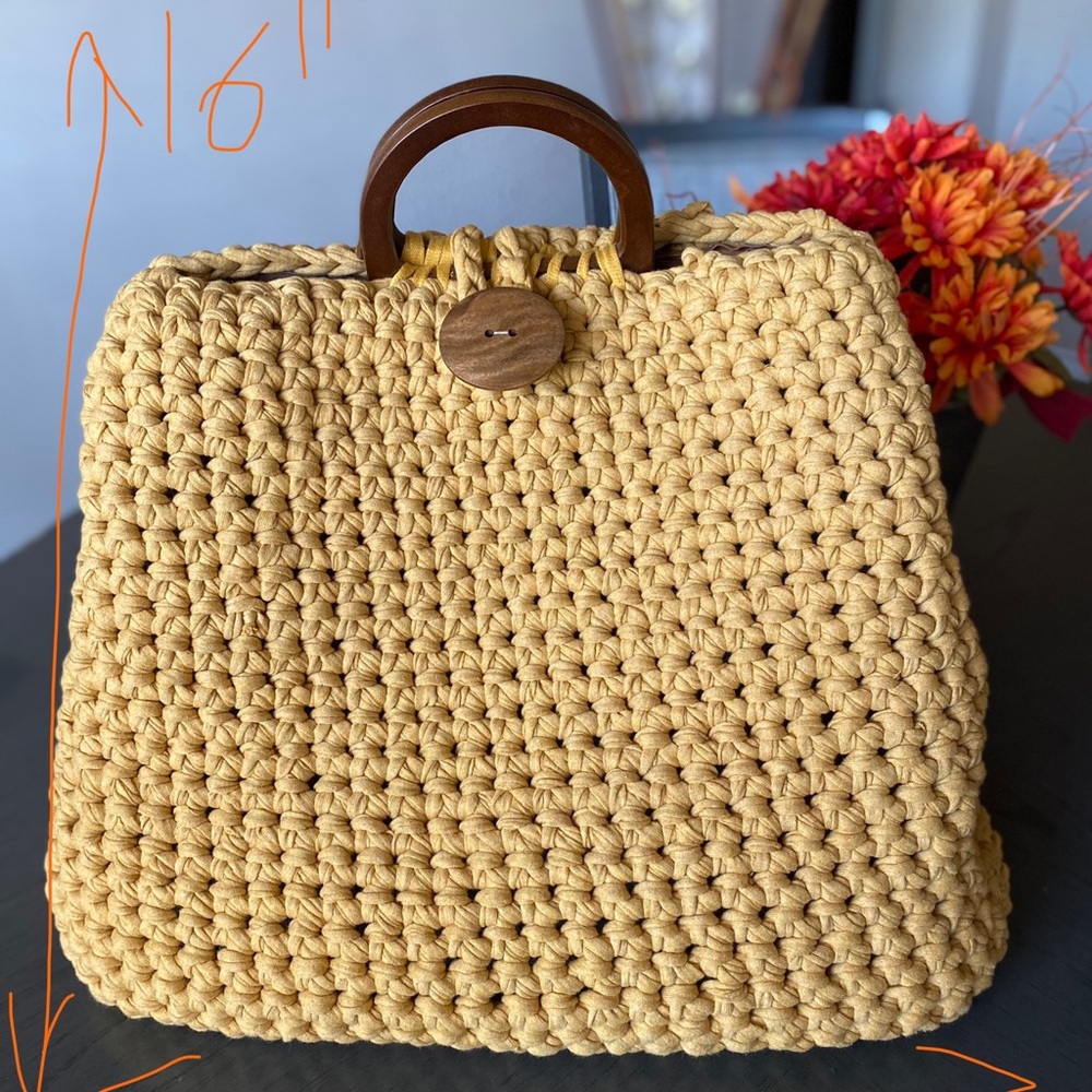 Hand crafted, t-shirt yarn crocheted bag